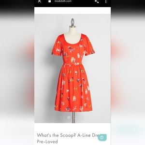 MODCLOTH VINTAGE KNEE LENGTH A-LINE ORANGE CAT HALLOWEEN DRESS WITH POCKETS NEW